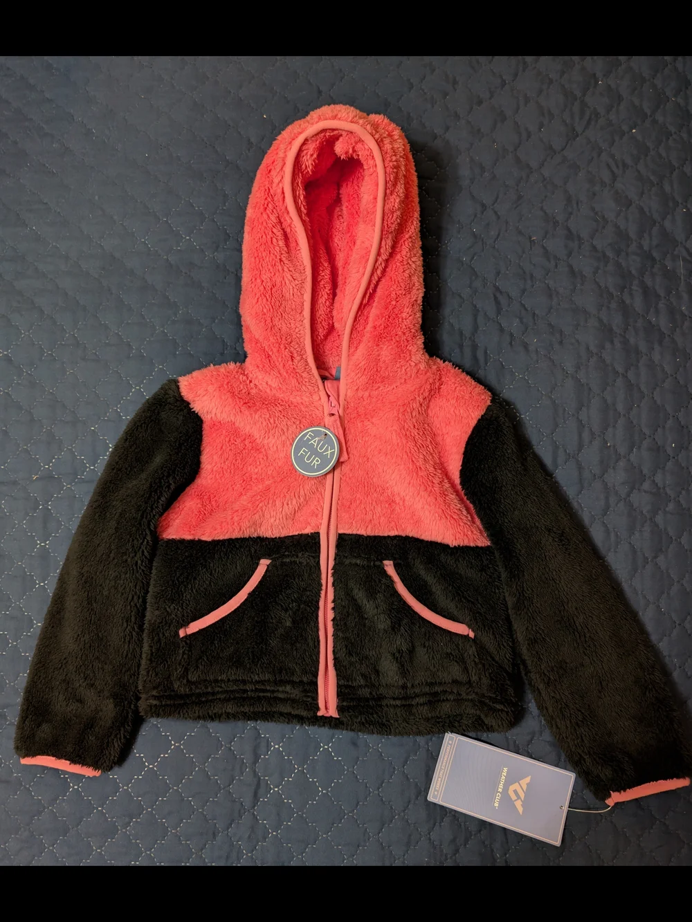 Girls' Two-Tone Coral Pink and Black Faux-Fur Hooded Puffer Jacket